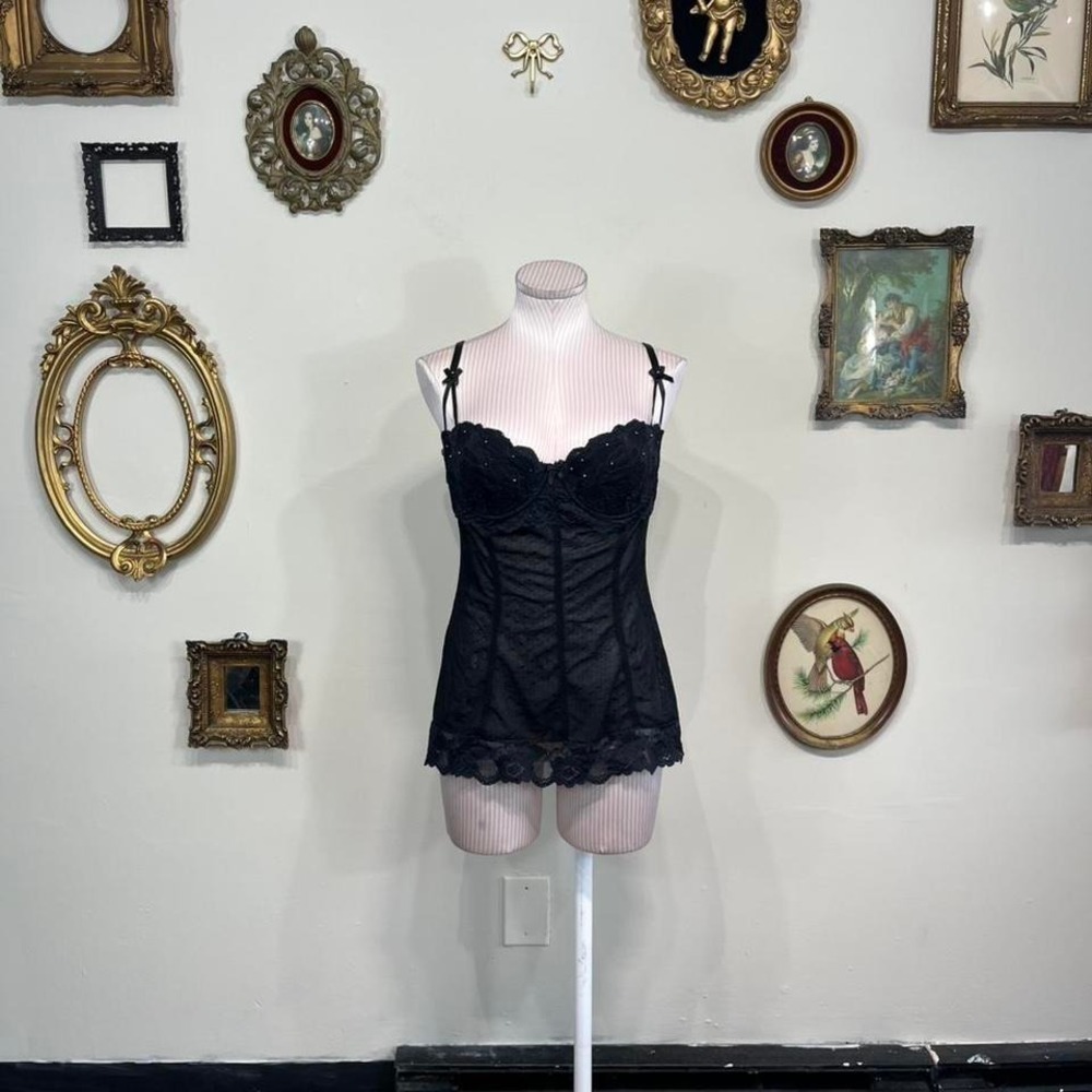 Vintage lingerie delicates Black Mesh Corset Top with Lace Trim